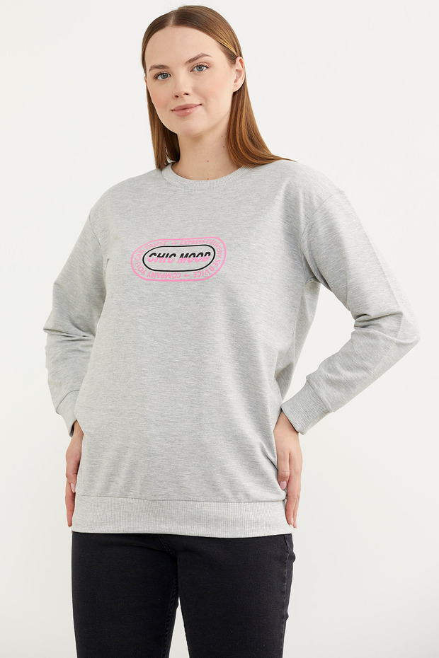 Baskılı Oversize Basic Sweatshirt - Gri - 3