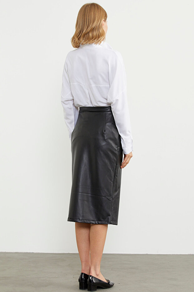 Suni Deri Önden Yırtmaçlı Etek - Siyah - 6