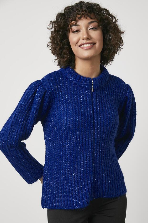 Pullu Fermuarlı Triko Hırka - Saks - 1