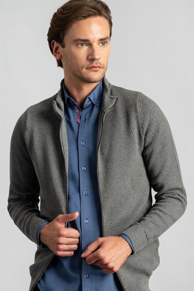 Men's Patterned Mock Neck Zippered Cardigan