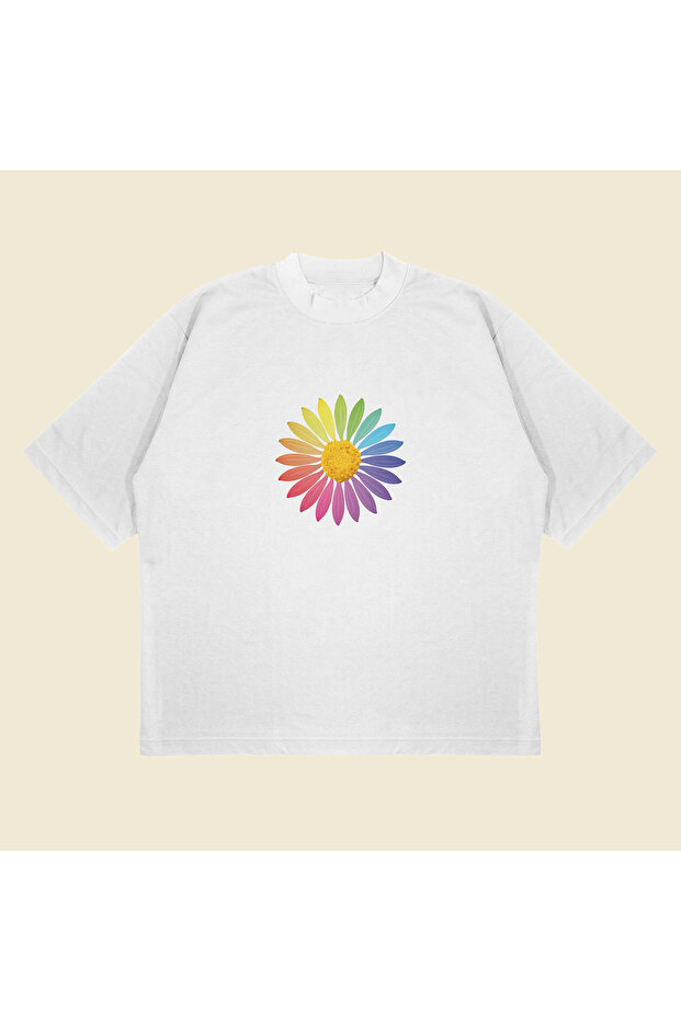 تي شيرت قطني سميك مطبوع عليه Rainbow Daisy مقاس كبير للجنسين من القطن القابل للتنفس