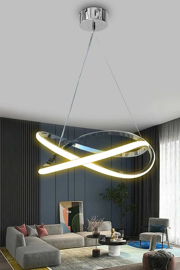 Dalga Modern Sarkıt Led Avize - Salon - Oturma Odası - Mutfak Avizesi - 3 Renk Kumandasız Krom - 2