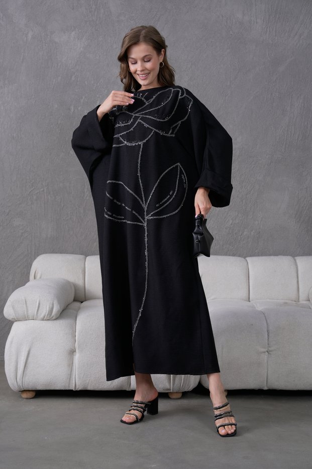 Women's Sequin Embroidered Linen Wide-Fit Long Dress