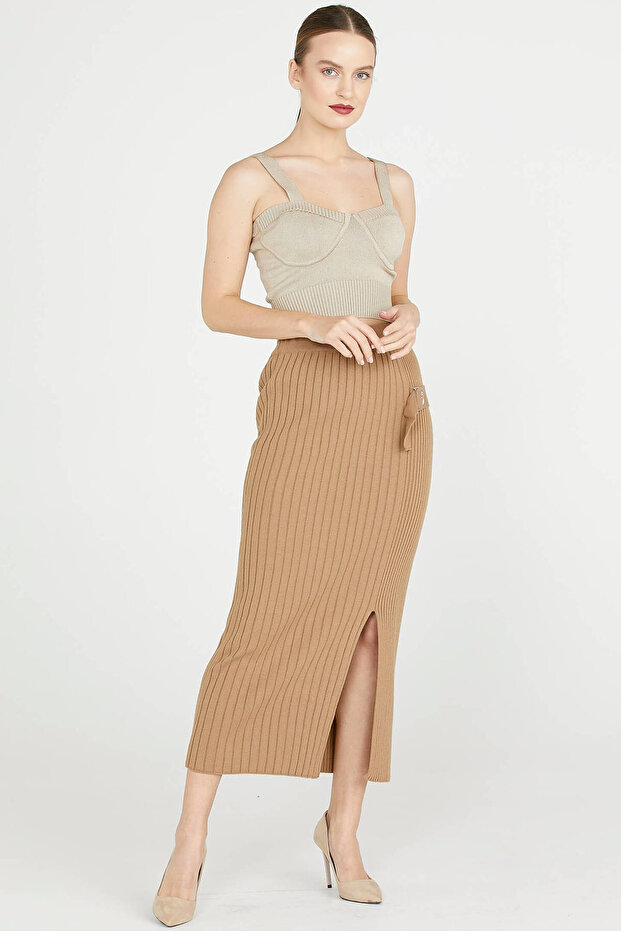 Diz Altı Tokalı Triko Etek - Kamel - 2