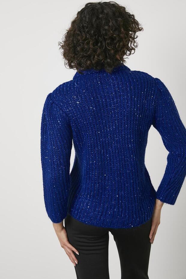 Pullu Fermuarlı Triko Hırka - Saks - 4