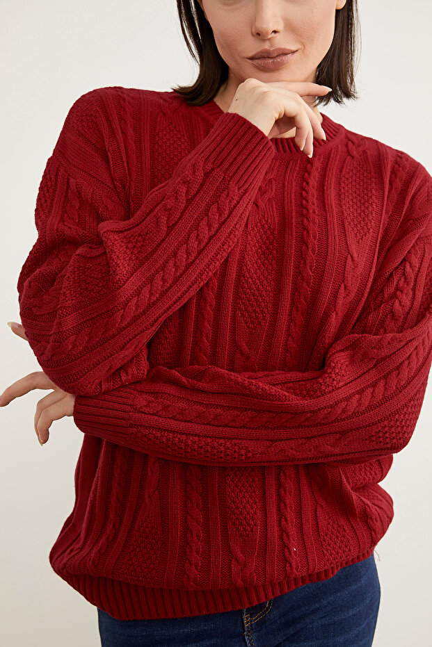 Saç Örgü Detaylı Basic Triko Kazak - Kırmızı - 5