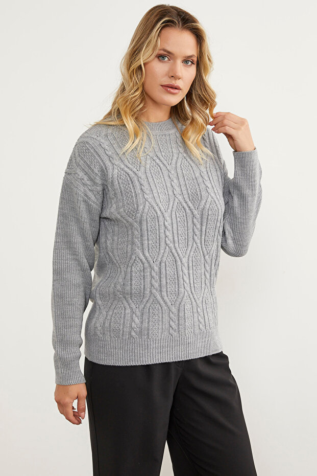 سترة تريكو منقوشة كبيرة الحجم - رمادي - 4