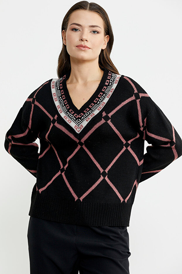 Jacquard Multi-Pattern Wool Knit Sweater - Black - 1