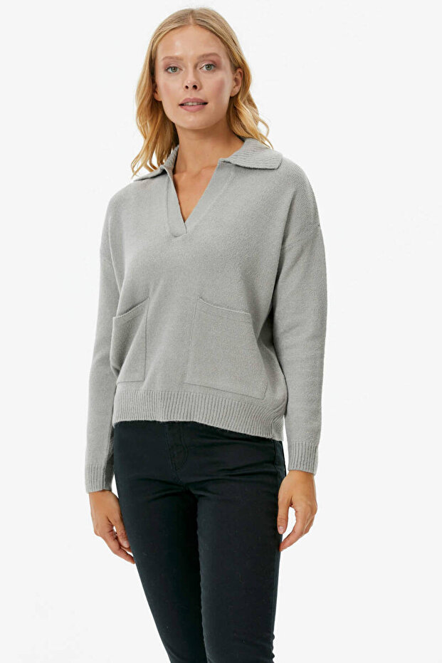 Polo Neck Knitwear Sweater with Pockets - Light Gray