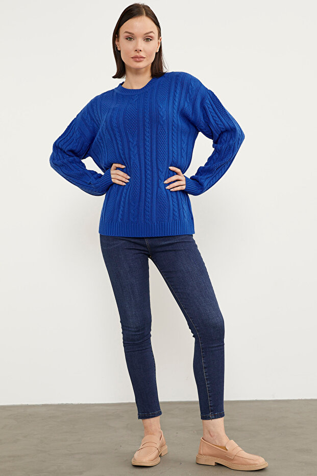 Saç Örgü Detaylı Basic Triko Kazak - Saks - 5