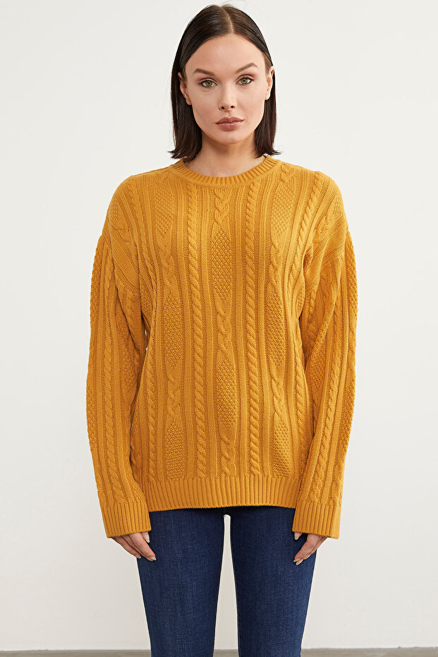 Saç Örgü Detaylı Basic Triko Kazak - Güneş - 5