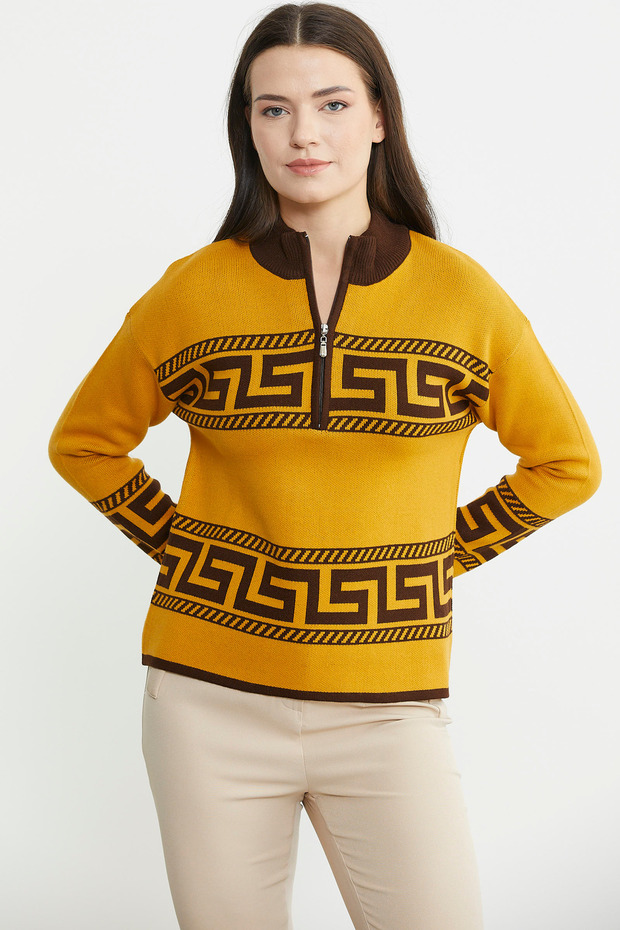 Block Patterned High Neck Knit Sweater - Güneş - 1