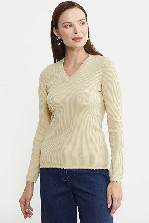 Fitilli V Yaka Basic Triko Kazak - Krem - 4