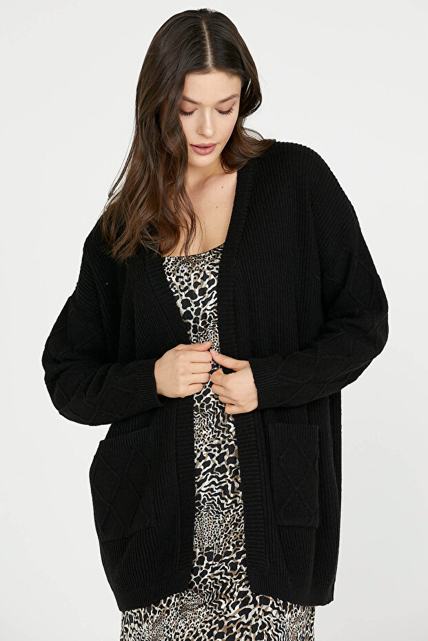 Cepli Uzun Triko Hırka - Siyah - 1