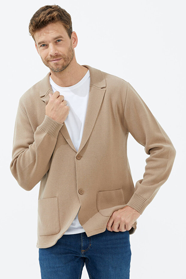 Polo Collar Buttoned Knitwear Jacket - Camel