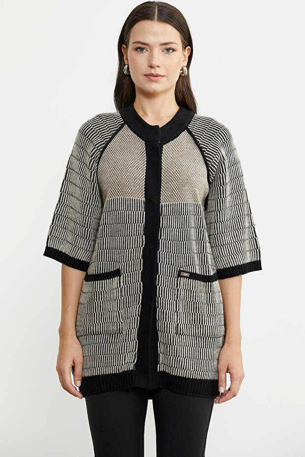 Short Sleeve Snap Fastener Long Wool Knitwear Cardigan - Black