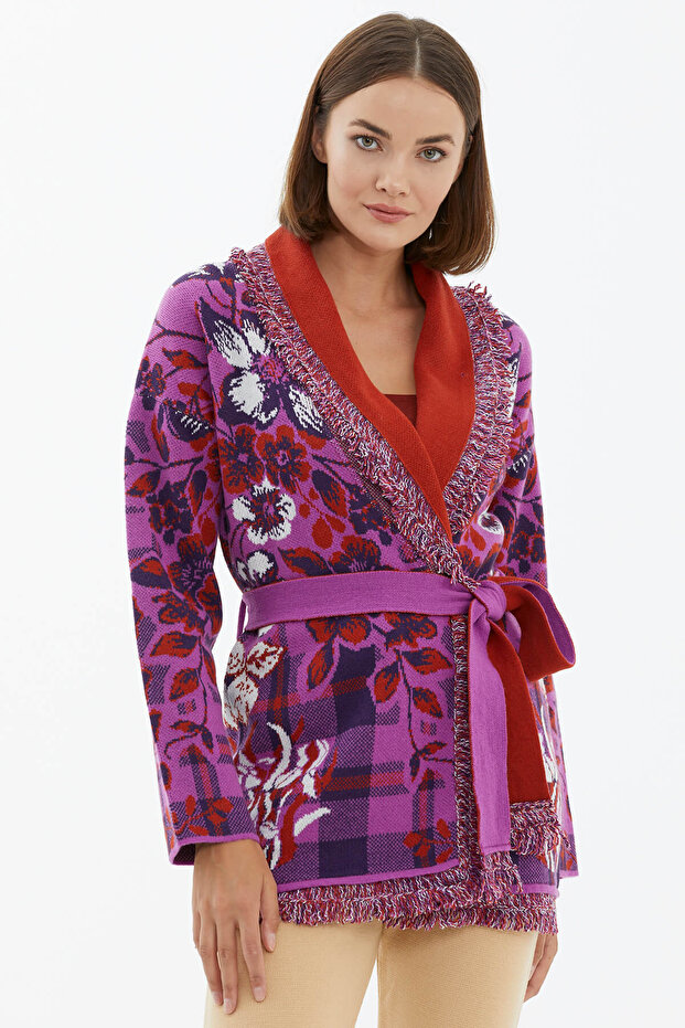 Shawl Collar Tasseled Floral Patterned Knitwear Cardigan - Dark Fuchsia