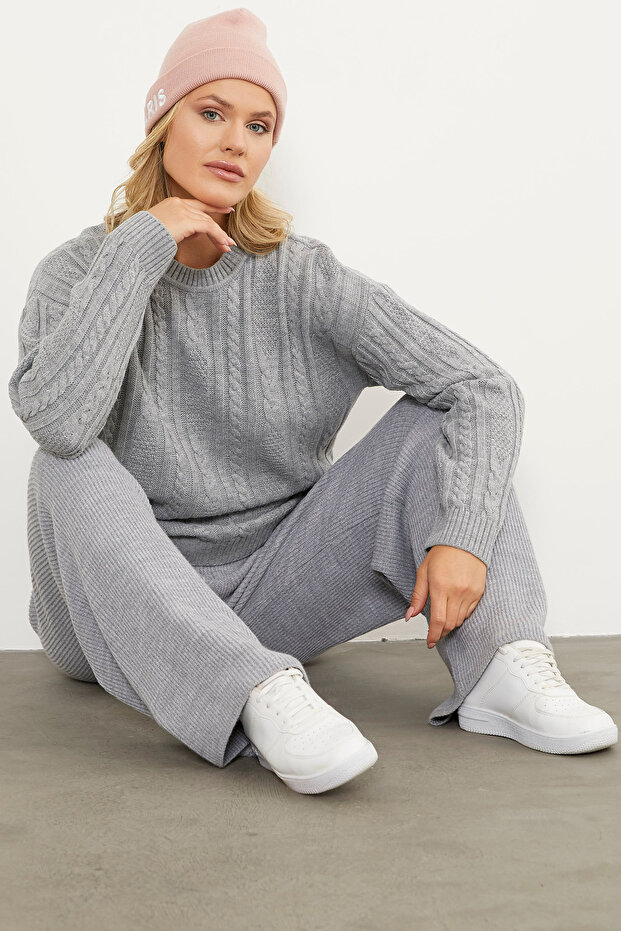 Saç Örgü Detaylı Basic Triko Kazak - Gri - 4