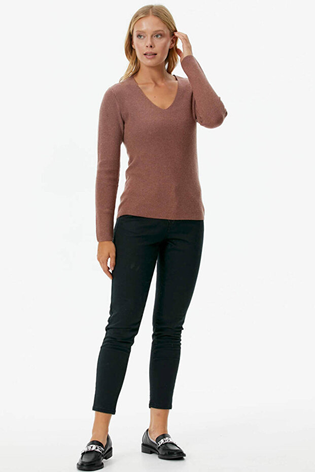 V Yaka Basic Triko Kazak - Tarçın - 3