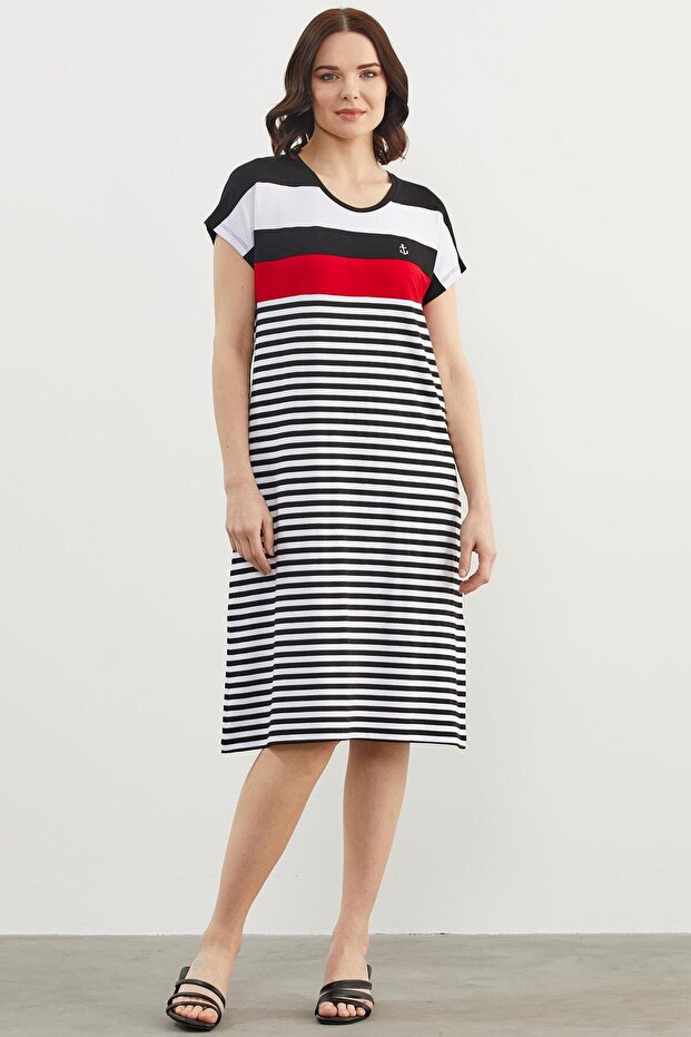 Crew Neck Midi Length Marine Dress - Black