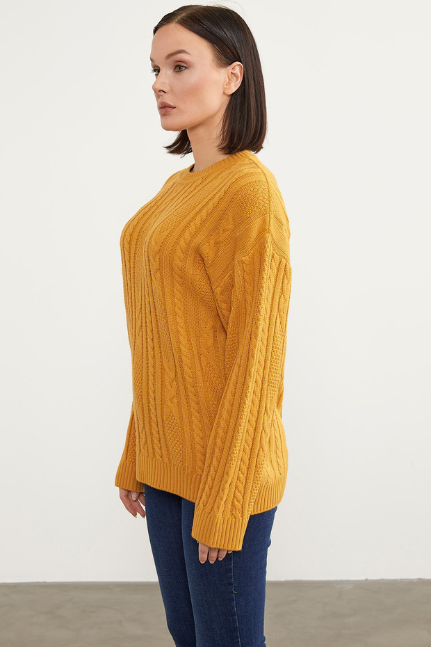 Saç Örgü Detaylı Basic Triko Kazak - Güneş - 6