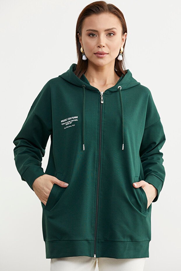 Fermuarlı Oversize Sweat - Yeşil - 1