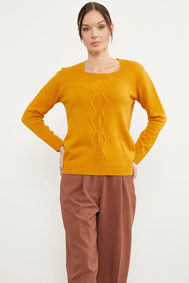 Önü Örgü Detaylı Triko Basic Kazak - Güneş - 1