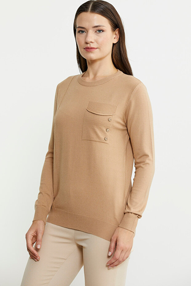 Sıfır Yaka Cepli Düğmeli Triko Kazak Bej - 4