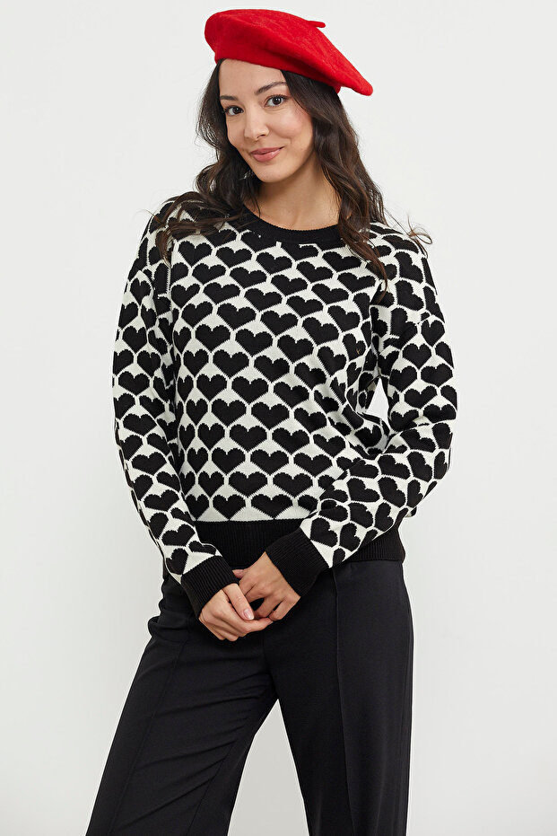 سترة تريكو منقوشة على شكل قلب - أسود - 1