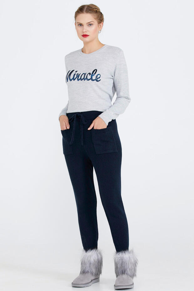 Women's Lace-Up Pocket Knitwear Trousers - Navy Blue