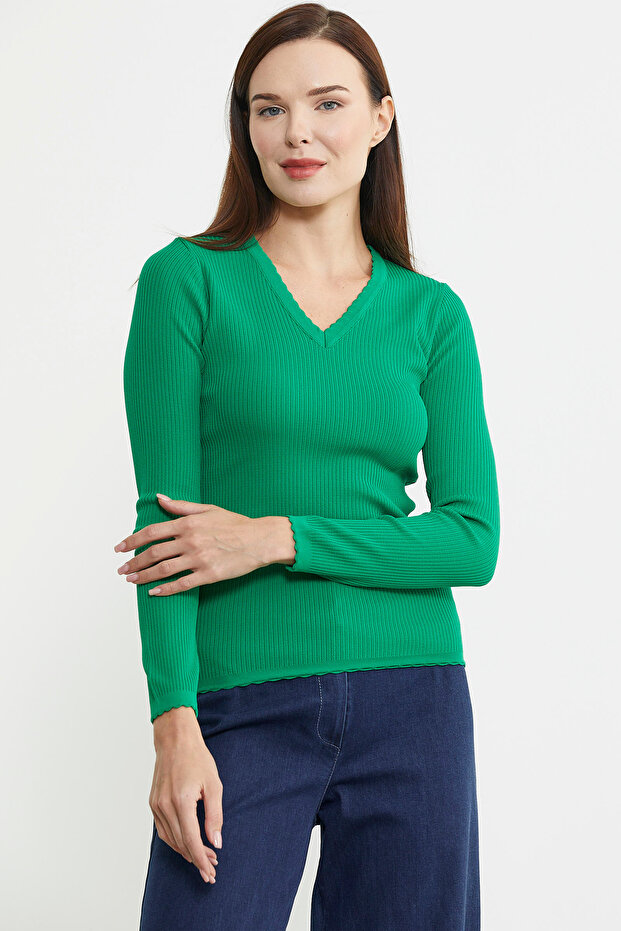 Fitilli V Yaka Basic Triko Kazak - Yeşil - 4