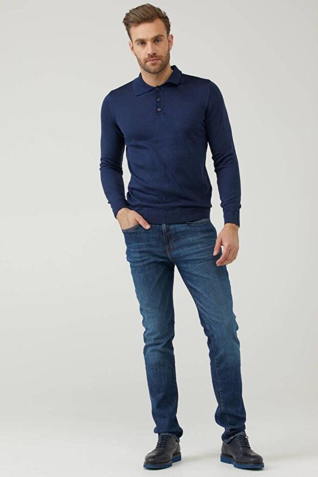 سترة تريكو بياقة بولو للرجال - أزرق داكن