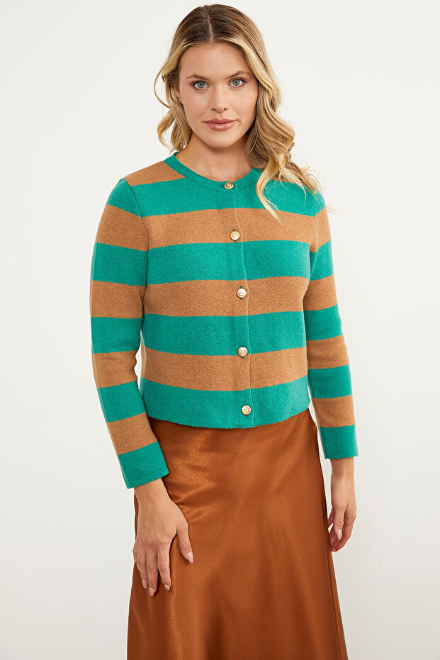 Striped Short Knitwear Cardigan - Green