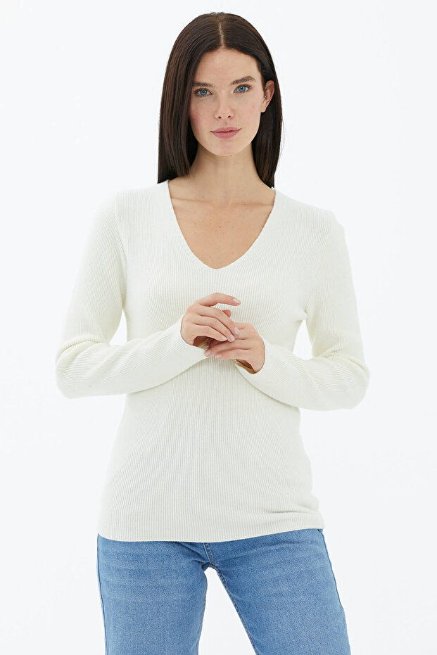 V Yaka Basic Triko Kazak - Ekru - 1