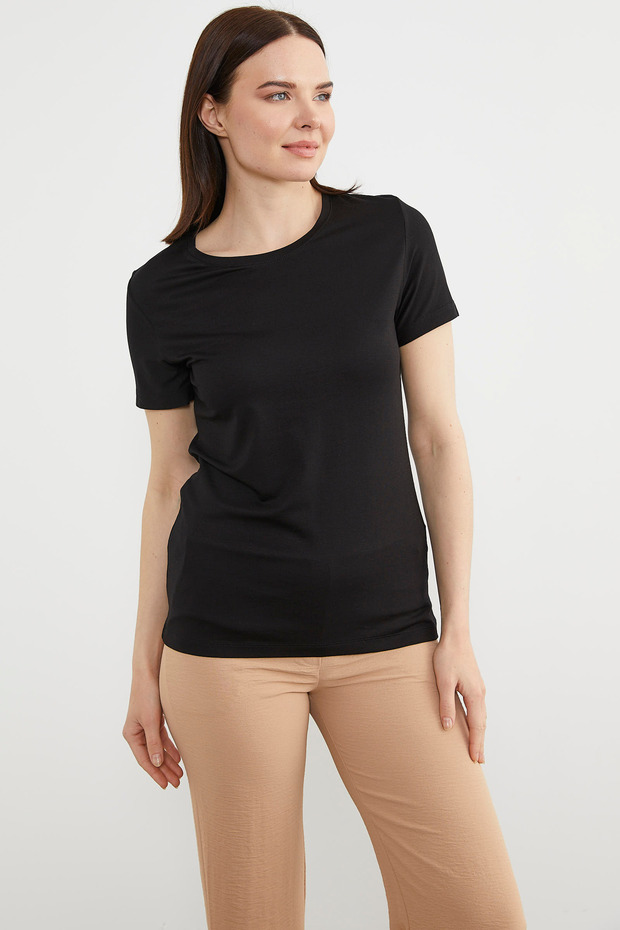 Sıfır Yaka Kısa Kol Basic Tişört - Siyah - 1