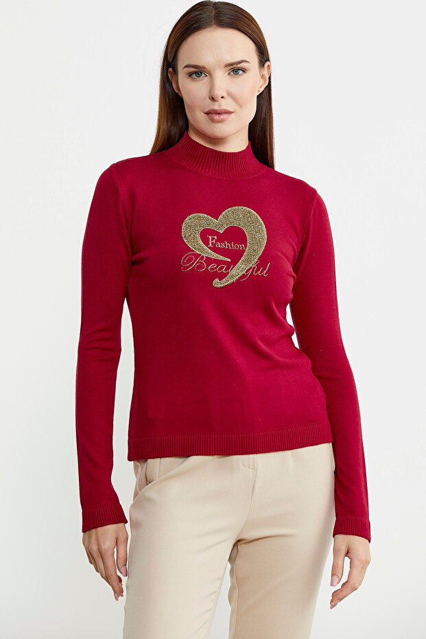 Red Stand Collar and Glitter Detailed Knitwear Sweater