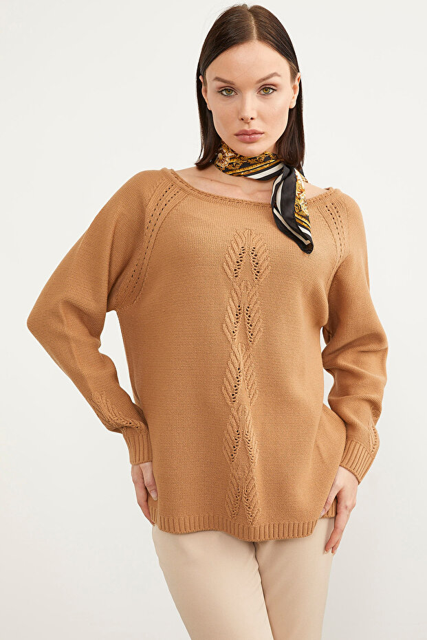 Boat Neck Motif Detailed Knitwear Sweater - Camel