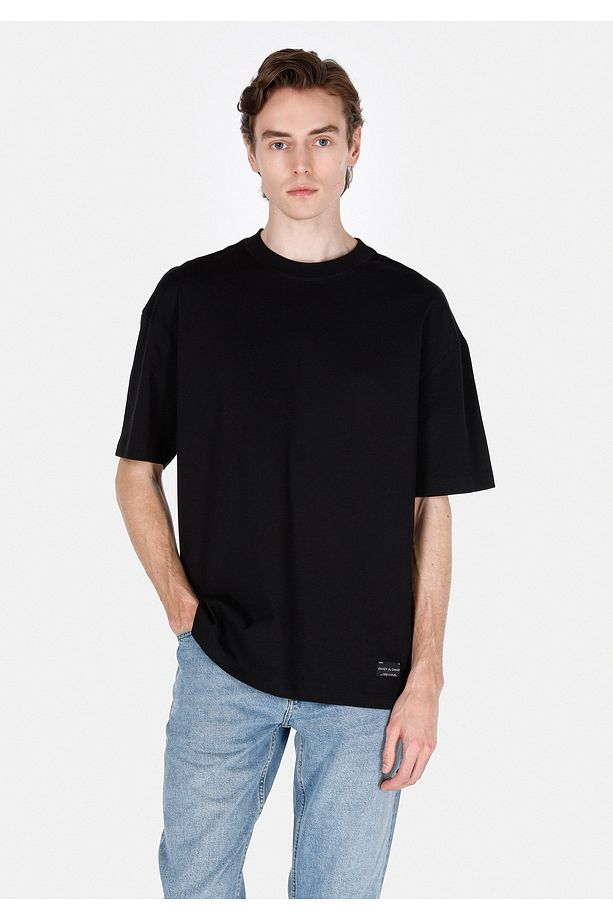 Oversize Fit Yuvarlak Yaka Düz Erkek Siyah Kısa Kol Tişört - 1