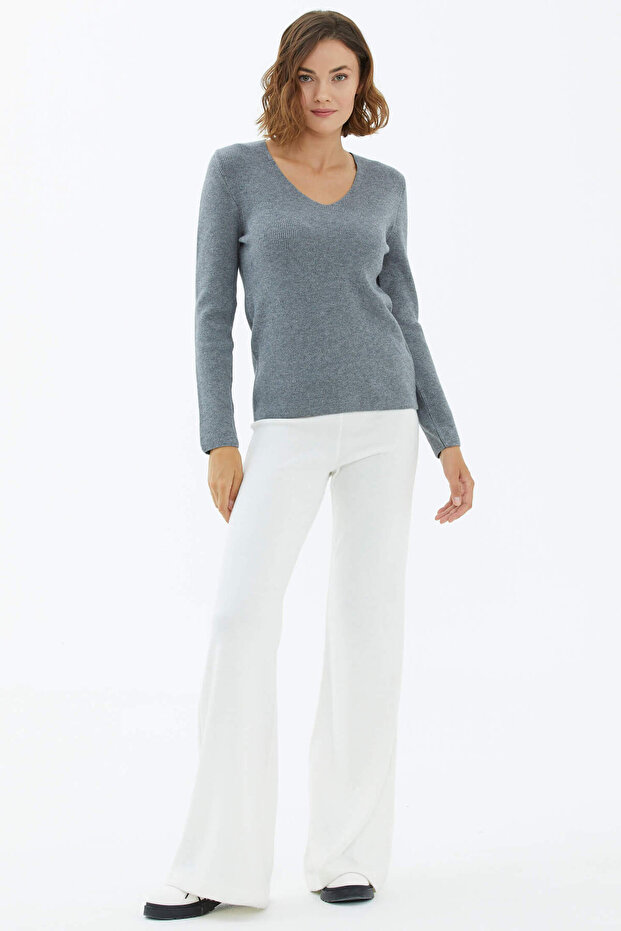 V Yaka Basic Triko Kazak - Koyu Gri - 3