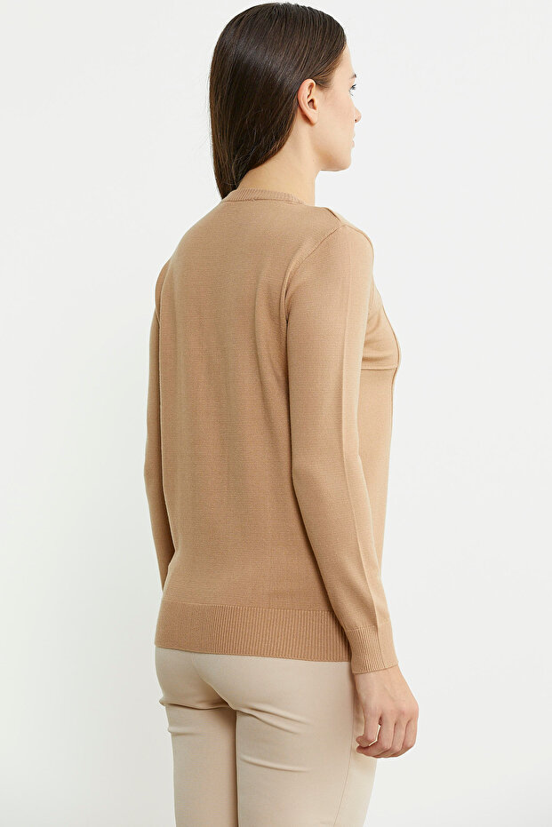 Sıfır Yaka Cepli Düğmeli Triko Kazak Bej - 5