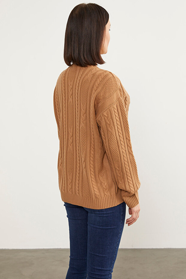 Saç Örgü Detaylı Basic Triko Kazak - Kamel - 6
