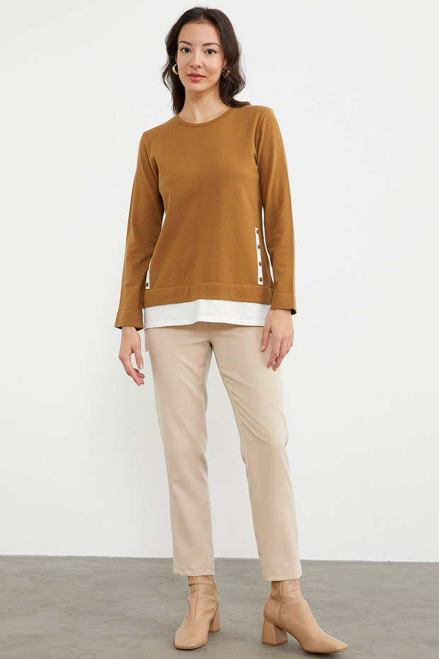 Etek Ucu Parçalı Triko Kazak - Kamel - 2