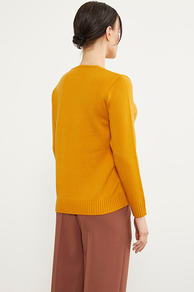 Önü Örgü Detaylı Triko Basic Kazak - Güneş - 5