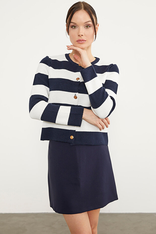 Striped Short Knitwear Cardigan - Navy Blue