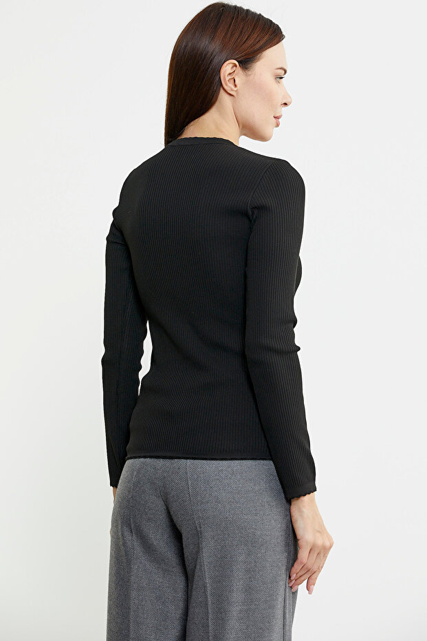 Fitilli V Yaka Basic Triko Kazak - Siyah - 6