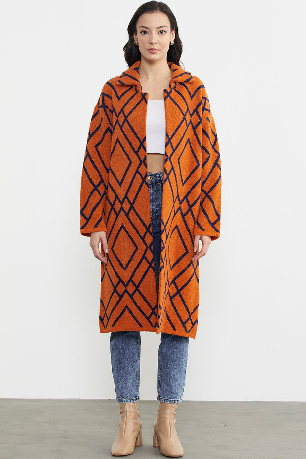 سترة طويلة منقوشة - برتقالي - 1