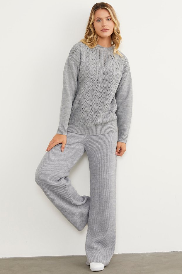 Crew Neck Zik Zak Motif Knitwear Sweater - Gray