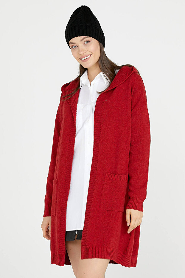 Hooded Long Knitwear Cardigan - Red