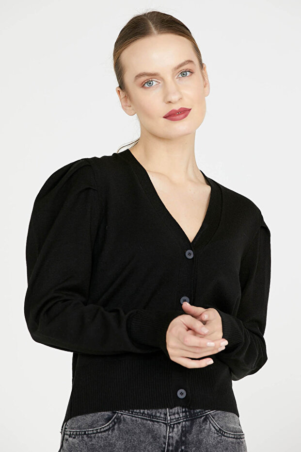 Balon Kol Triko Hırka - Siyah - 2