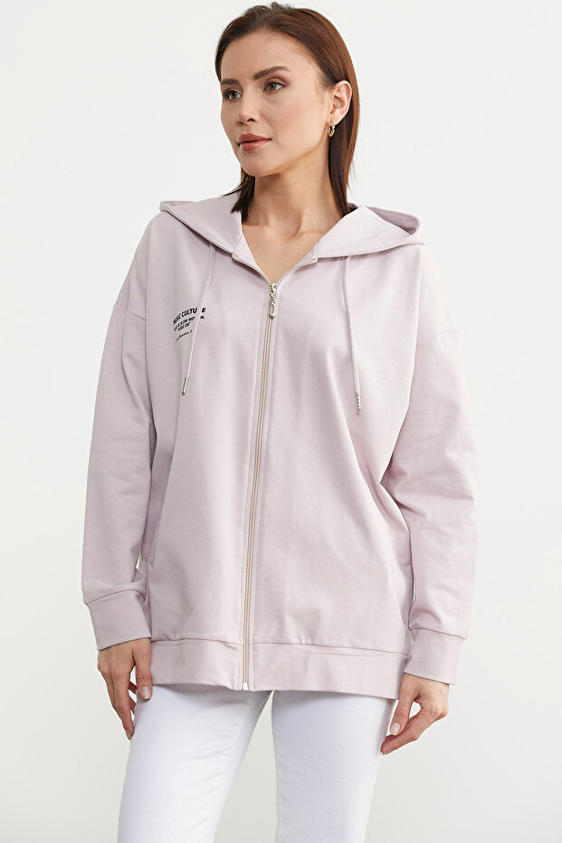 Fermuarlı Oversize Sweat - Pudra - 3